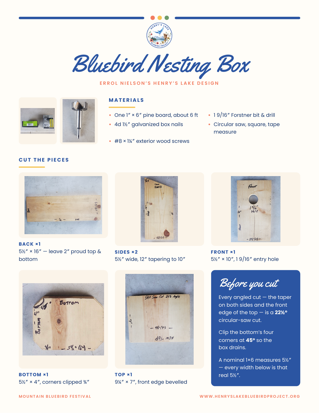 Bluebird nesting box plan page 1: materials and cut list for the Henry's Lake design